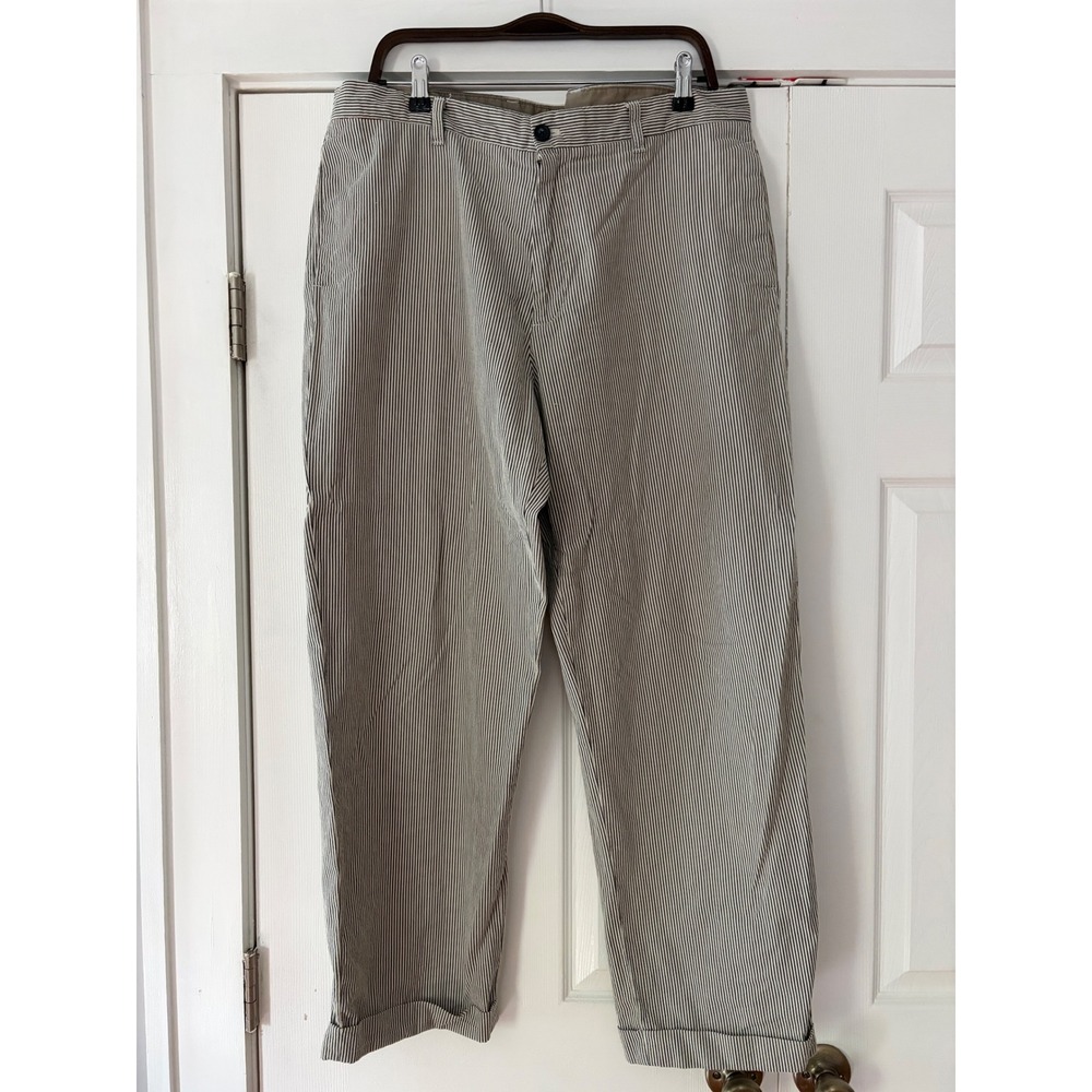 IZOD Mens Seersucker Pinstripe Pants Tan White 100% Cotton Straight‎ Leg 38x32